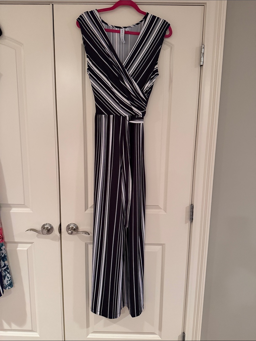 Black white stripe faux wrap pants jumpsuit tie belt medium
